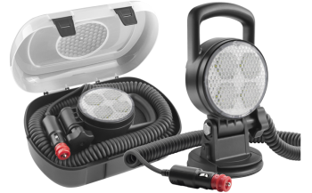 LED work lamp with suction cup holder, spiral cable and switch