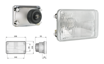 Headlamp insert, H4 type, hole pattern 142x65 (lights: passing, driving, position) Headlamp insert, H4 type, hole pattern 142x65 (lights: passing, driving, position)