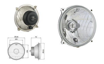 Headlamp insert Ø139, H4/R2 type, hole pattern 106x106 (lights: passing, driving, position)