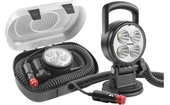 LED work lamp with suction cup holder, spiral cable and switch